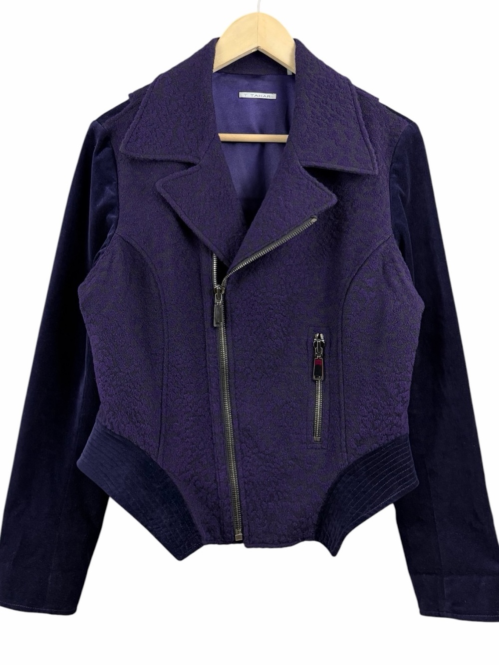 T Tahari Motto Style Wool Blend Velvet Sleeve Jacket Purple Size 12